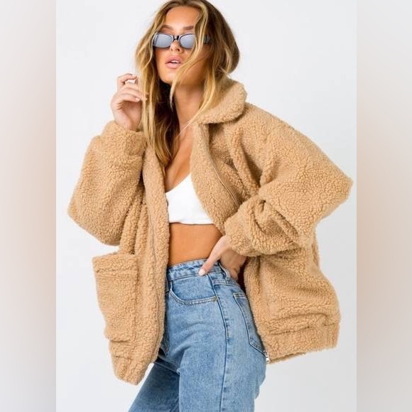 Princess Polly Oversized Tan Zip Up Teddy Coat Blogger Fav - Picture 13 of 13
